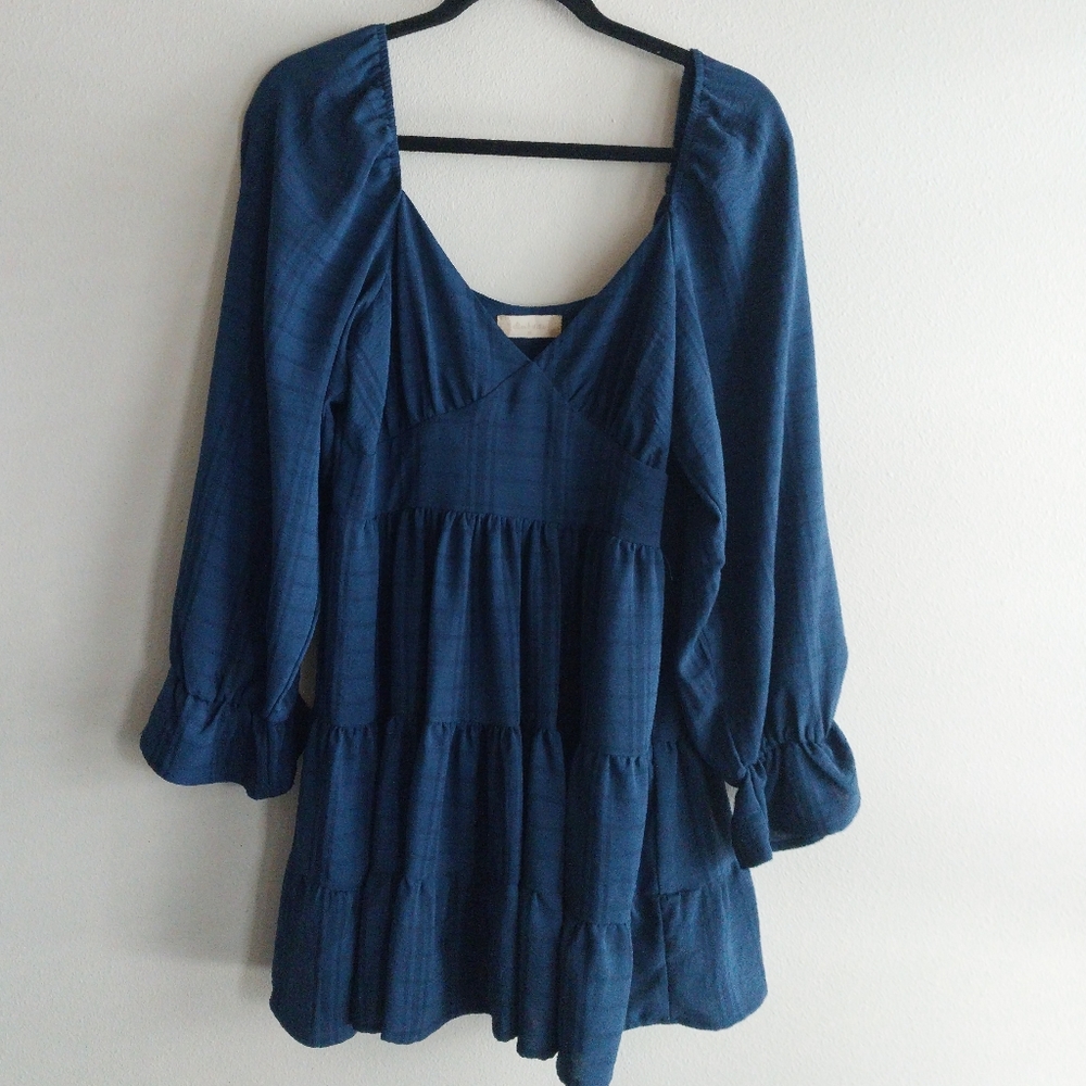 Altar'd State Blue Plaid Tiered Peasant Sleeve Babydoll Mini Dress